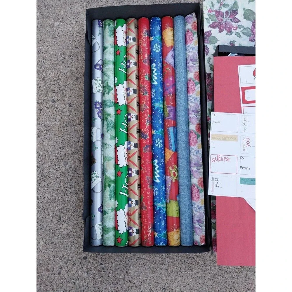 Vintage Christmas Wrap Kit Multicolor Wrapping Paper Bows Holiday Gift Wrap